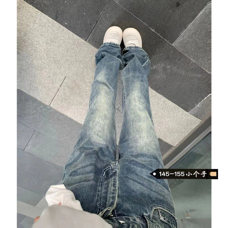 小個子復古顯瘦百搭高腰牛仔褲女秋冬新款水洗直筒拖地微喇長褲潮