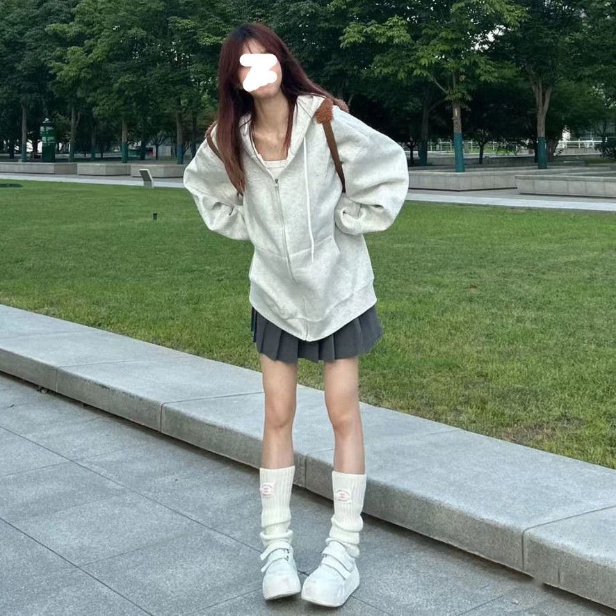 奶fufu灰色衛衣女學生韓版bf寬鬆學院風百搭拉鏈連帽開衫外套上衣