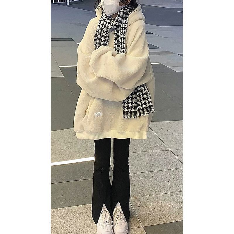 秋冬加絨加厚連帽羊羔毛衛衣外套女2023新款小個子oversize慵懶風