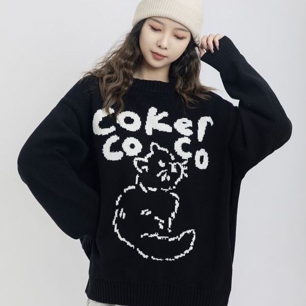 New spring and autumn cat pattern sweater with knitted sweater, round neck, loose and lazy style niche top
