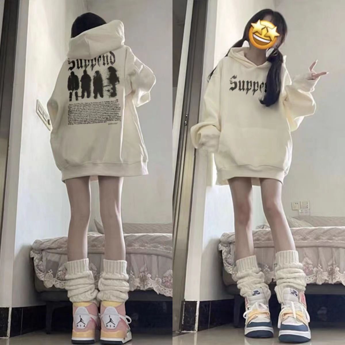 美式復古杏色連帽衛衣女2023春秋秋冬寬鬆oversize小個子上衣外套