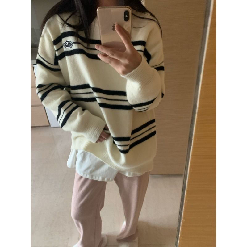 設計感學院風條紋圓領毛衣女秋冬日系慵懶風軟糯針織衫高級感上衣