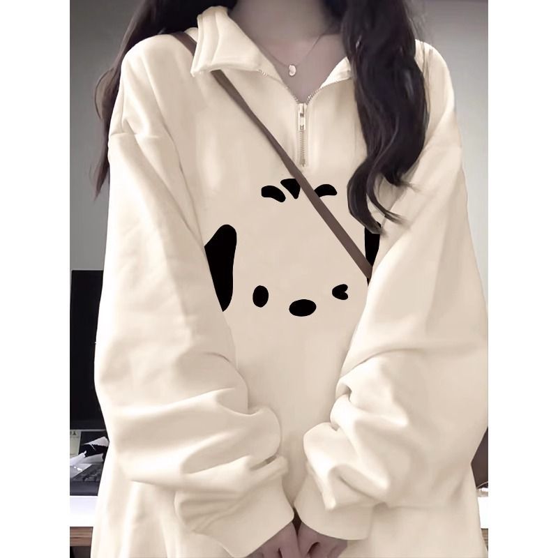 Small Korean chic college style polo collar sweatshirt for women spring and autumn  new thin half-zip top