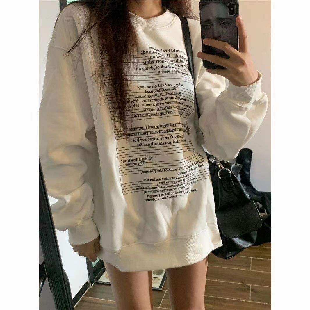 圓領衛衣女小眾設計感美式復古秋冬加絨2023寬鬆無帽套頭上衣潮牌