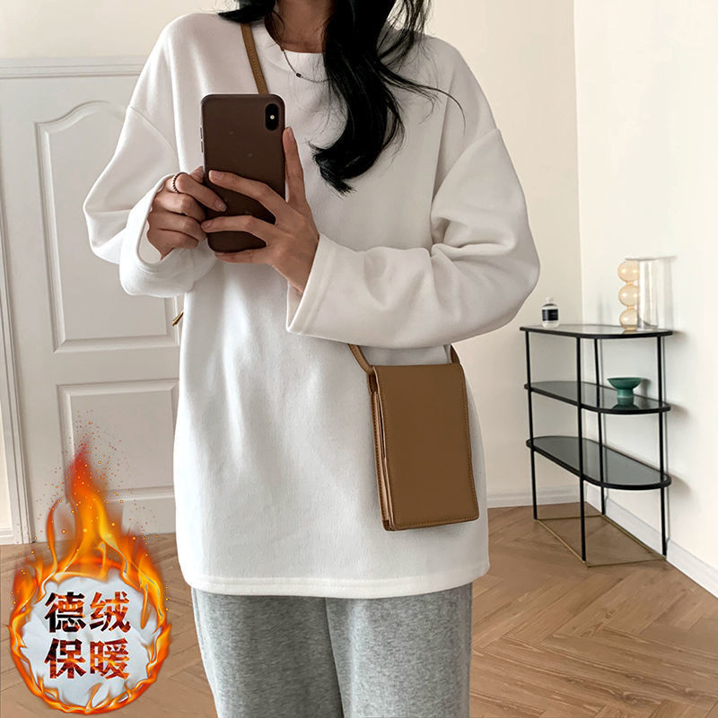 加厚保暖白色T恤女長袖雙面德絨圓領寬鬆疊穿內搭洋氣打底衫上衣
