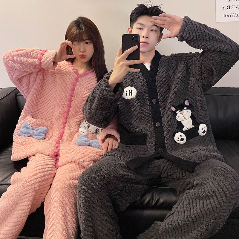 情侶睡衣女冬季珊瑚絨加絨加厚男士保暖冬天法蘭絨可愛家居服套裝
