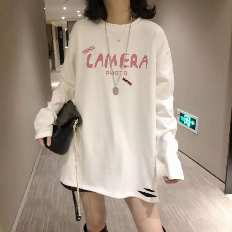 白色t恤女打底衫內搭長袖棉質秋衣加絨寬鬆印花上衣秋冬季疊穿