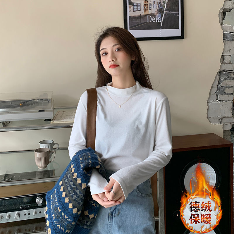 半高領內搭打底衫女冬韓版新款加絨加厚純色長袖打底內搭T恤上衣