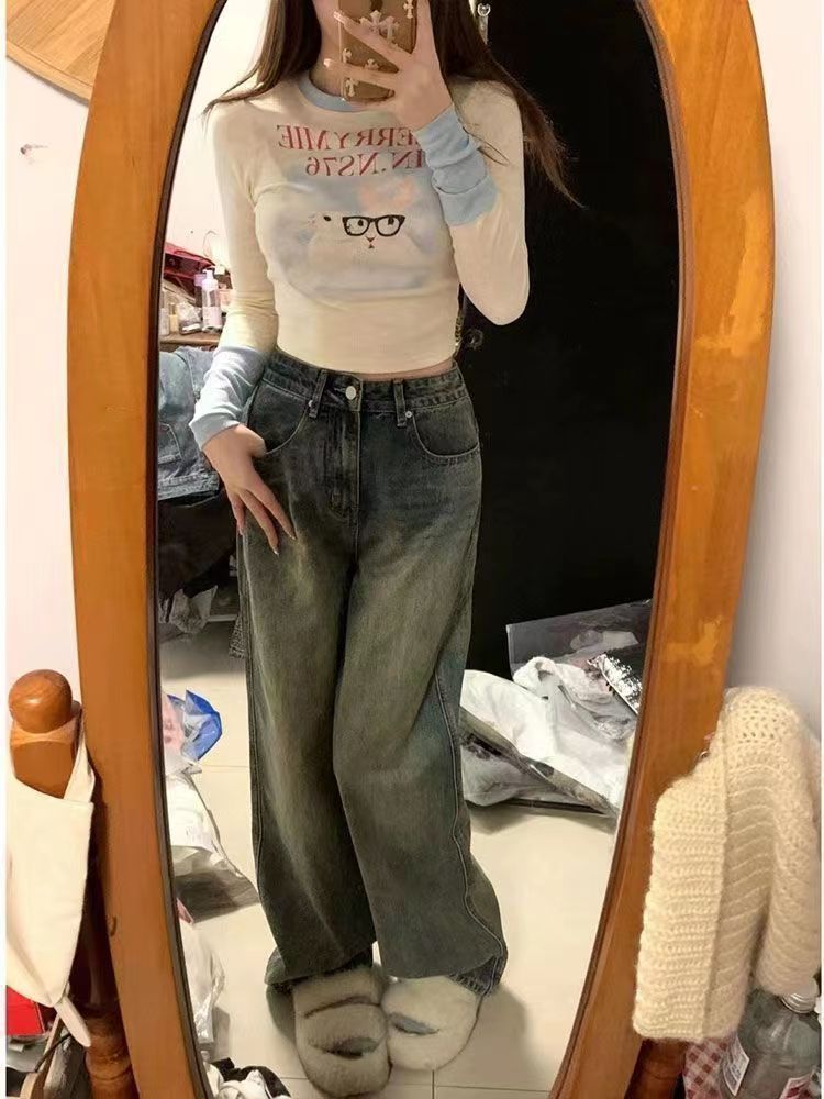 美拉德做舊復古闊腿牛仔褲女春秋新款水洗高腰直筒寬鬆顯瘦拖地褲