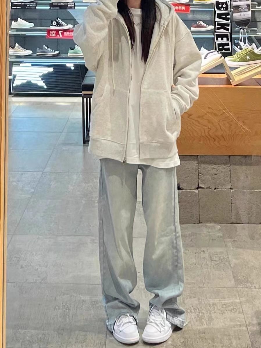 奶白灰色衛衣女春秋美式oversize韓系連帽外套慵懶風寬鬆開衫上衣