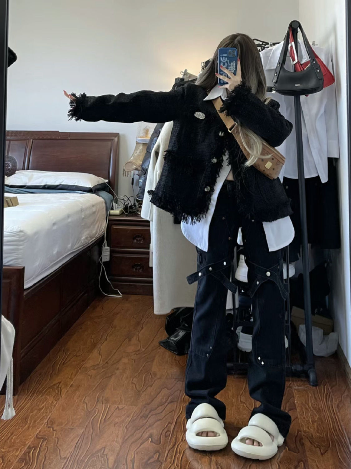 美式高街vibe綁帶設計微喇叭牛仔褲女秋冬潮牌復古修身黑色長褲子