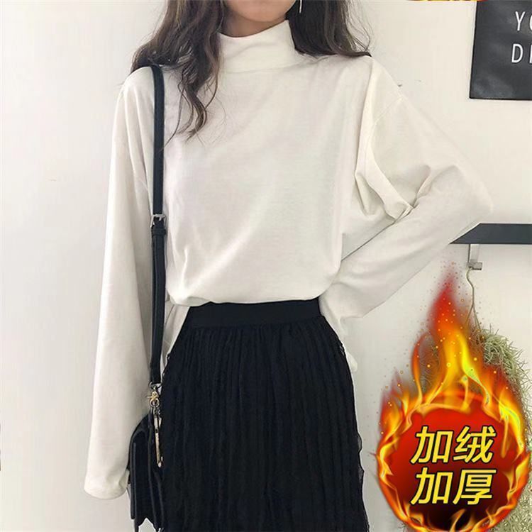 2023加絨半高領打底衫秋冬季新款韓版內搭寬鬆上衣學生長袖t恤女