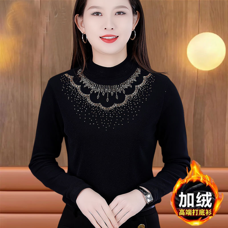 專櫃同款燙鑽針織打底衫秋冬新款女士長袖上衣洋氣百搭中年媽媽裝