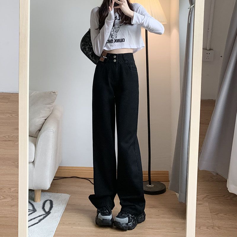 顯瘦垂感直筒復古雙扣高腰牛仔褲女裝2023新款寬鬆闊腿褲潮流百搭