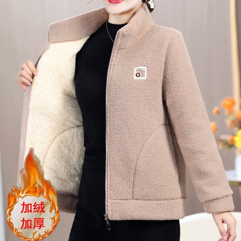 媽媽新款中年加厚加絨保暖時尚羊羔絨棉衣中老年女裝上衣顆粒外套