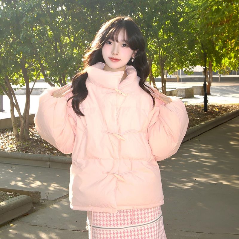 Sweet and cute pink horn button bread coat for female students winter new style milk puff stand-up collar cotton coat