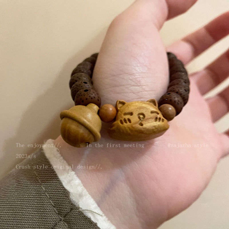 Cat Bell Sandalwood Bodhi Bracelet Women's Autumn and Winter Retro New Chinese Style Niche Design Bracelet Student Bestie Bracelet