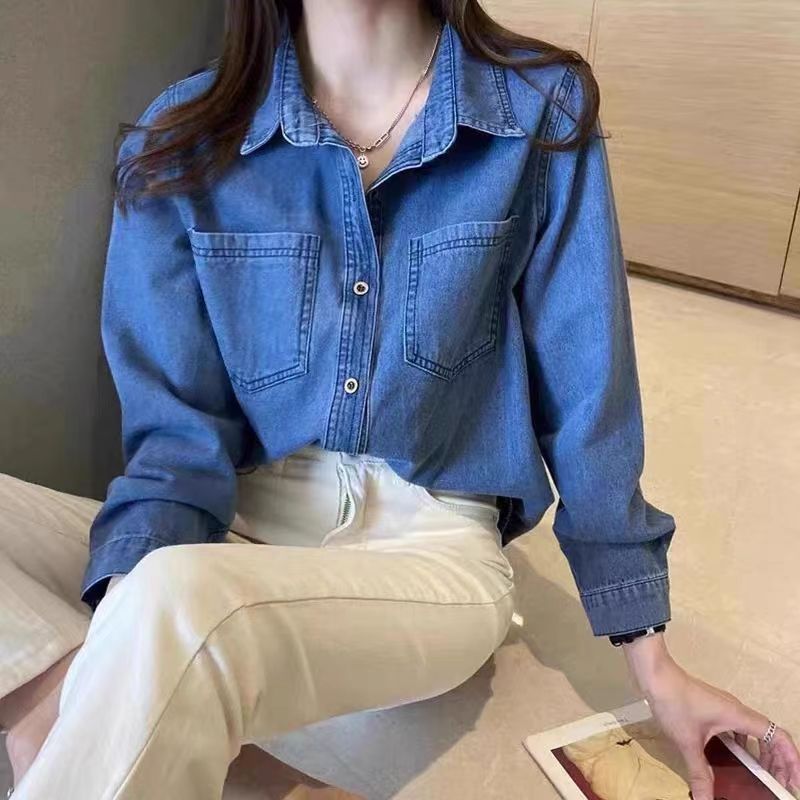 Denim jacket shirt women's new autumn and winter plus size fat girl's inner top versatile loose slimming layered shirt