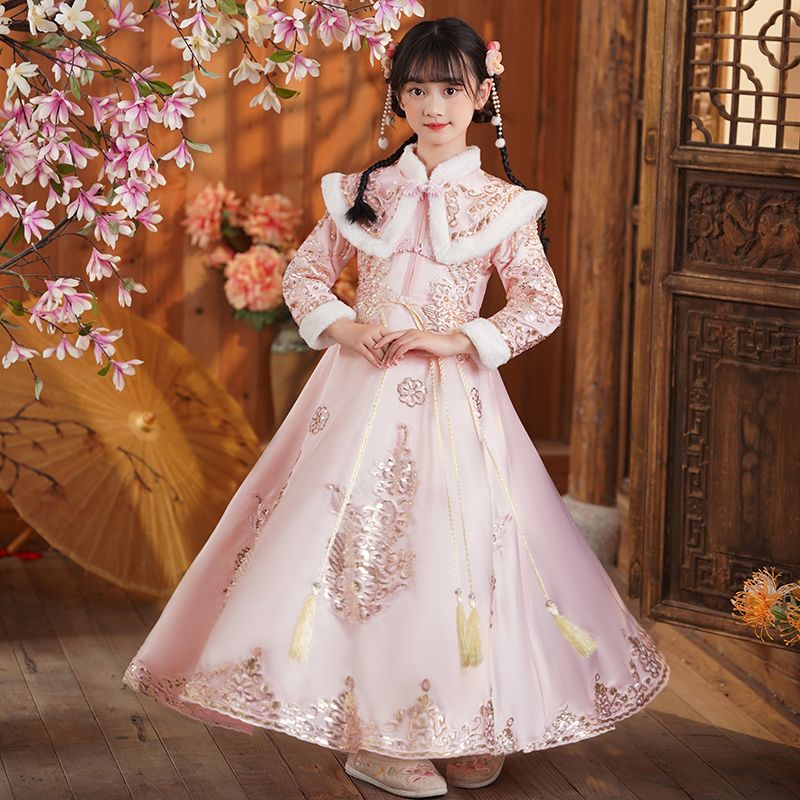 女童漢服冬裝加厚古裝古箏演出服冬季過年服女寶寶拜年服兒童唐裝