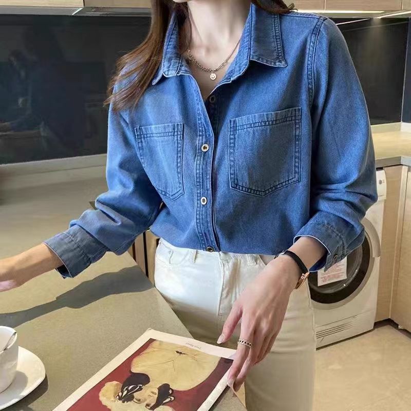 Denim jacket shirt women's new autumn and winter plus size fat girl's inner top versatile loose slimming layered shirt