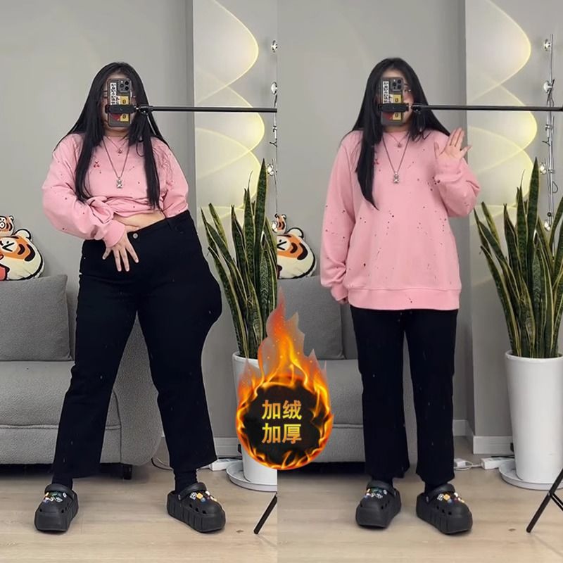 大碼彈力牛仔褲女顯瘦胖mm梨形身材高腰直筒褲春秋百搭黑色九分褲