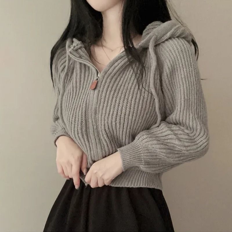 韩版chic小众设计感拉链短款连帽毛衣外套女2023新款秋冬针织开衫