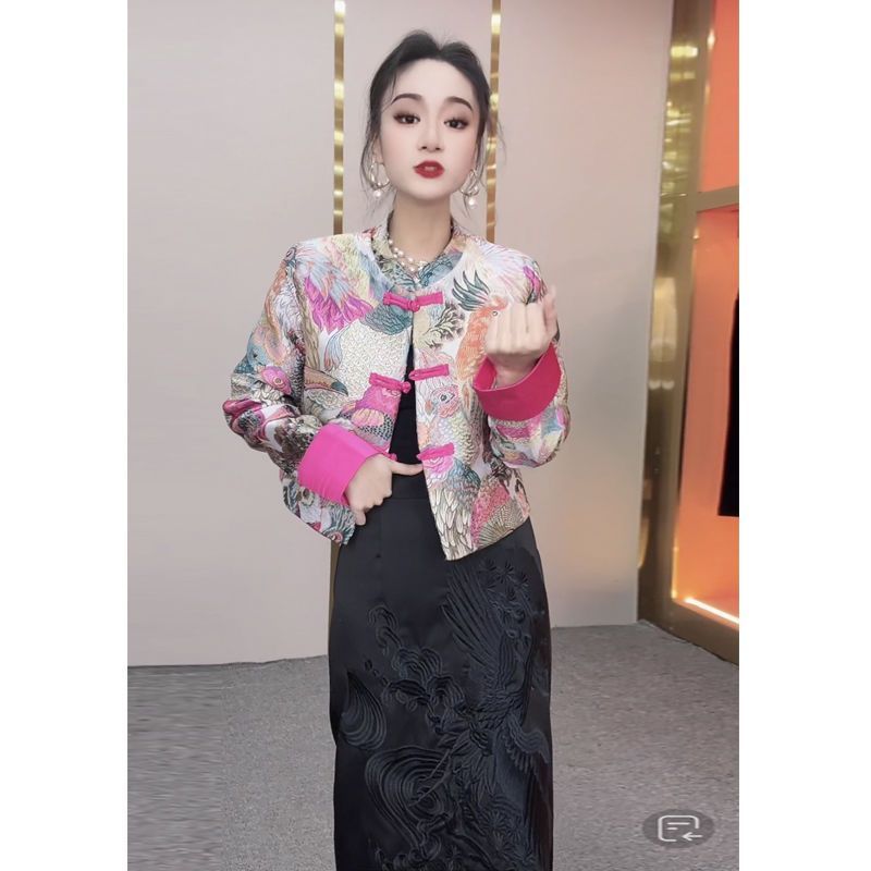 New Chinese style national style suit for women in autumn and winter new retro style age-reducing heavy industry printed Tang suit short jacket top for women