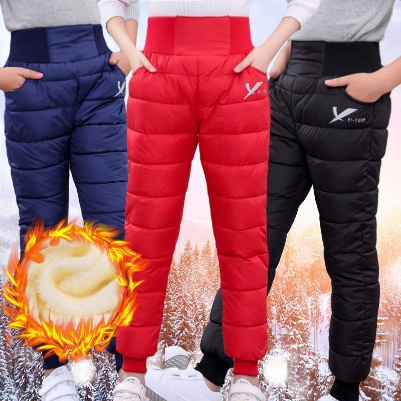 Velvet and thickened high-waisted trousers for middle and large children, boys and girls, off-season children's down cotton trousers to keep warm in winter.