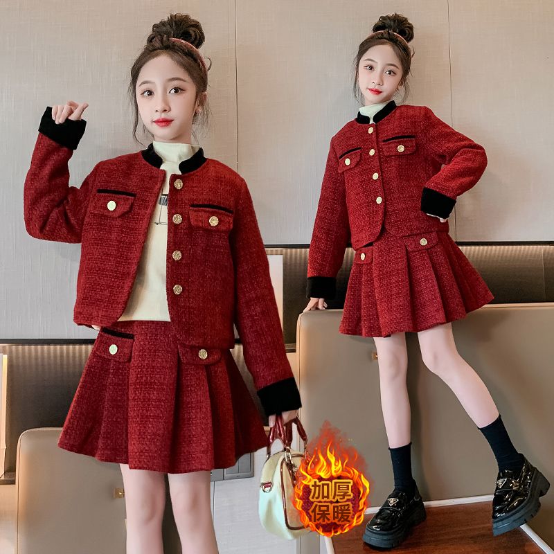 女童套裝2023秋冬季新款兒童洋氣生日紅色寶寶小香風毛呢外套裙子