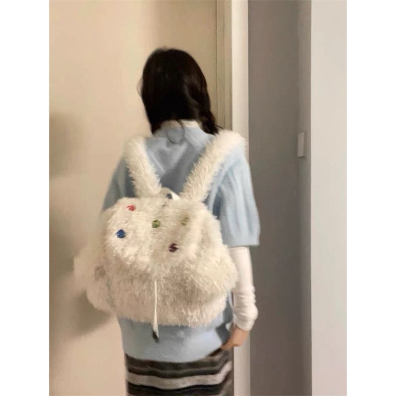 2023秋冬愛心粉鑽毛絨雙肩包小眾潮流可愛學生包千禧辣妹包包冬女