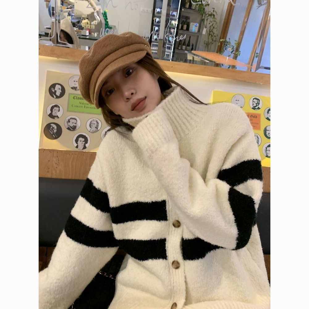 新款加厚條紋高領毛衣女秋冬新款百搭寬鬆顯瘦毛衣軟糯開衫外套女