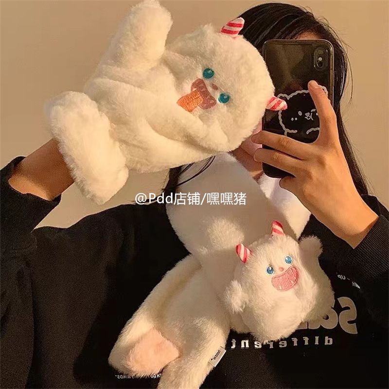 嘿嘿豬/卡通粉色雙角獸掛脖手套女冬季加厚保暖毛絨可愛連指防寒