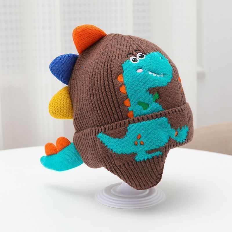 Little dinosaur cartoon windproof winter ear hat for boys and girls, autumn and winter new children's knitted thermal hat_voghion.com