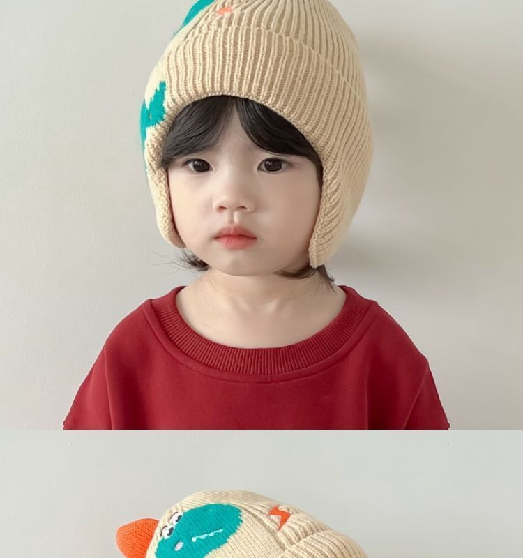 Little dinosaur cartoon windproof winter ear hat for boys and girls, autumn and winter new children's knitted thermal hat_voghion.com