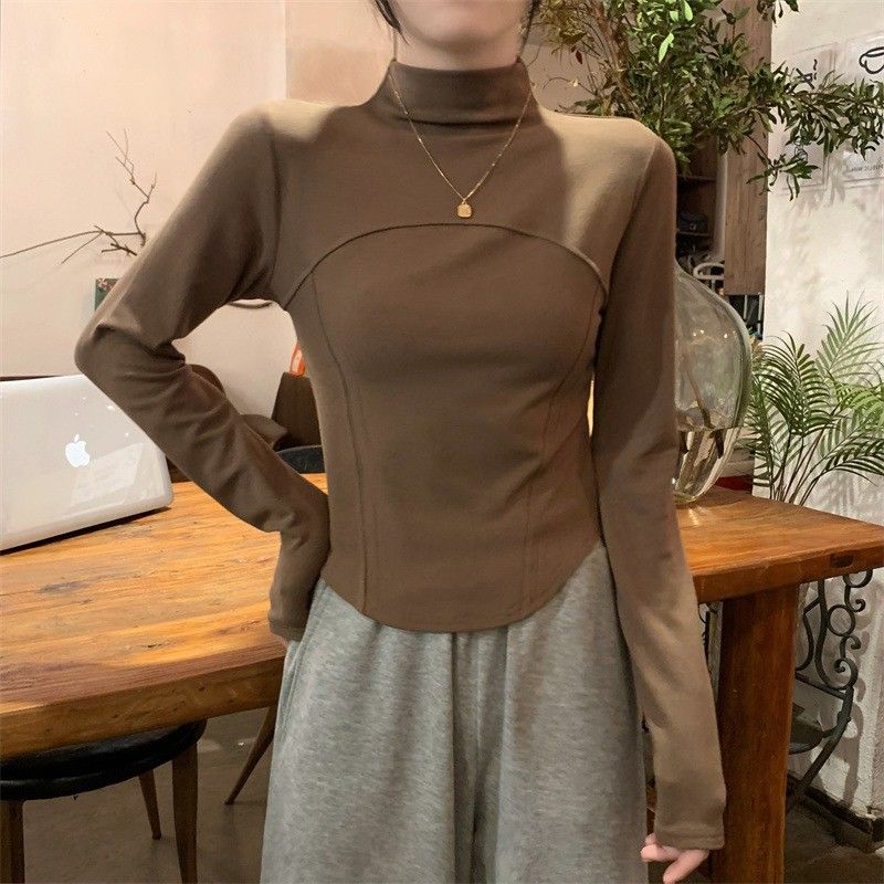 秋冬磨毛德絨半高領魚骨長袖t恤女高級感加厚內搭打底衫修身上衣