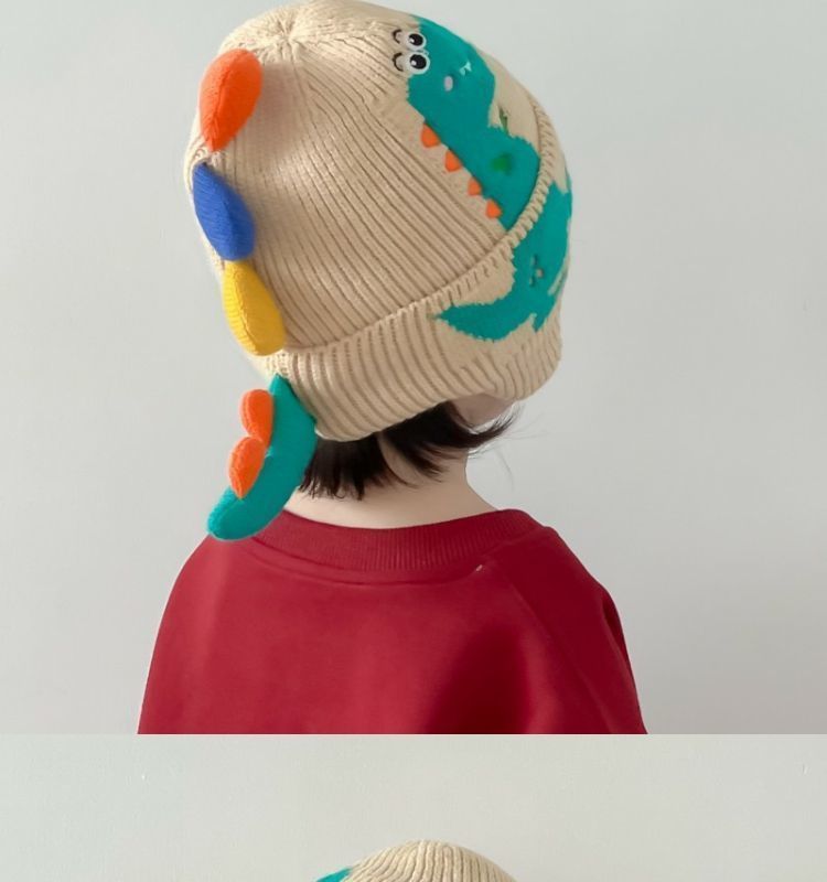 Little dinosaur cartoon windproof winter ear hat for boys and girls, autumn and winter new children's knitted thermal hat_voghion.com