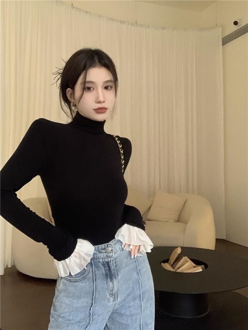 正肩小眾高領打底衫23秋冬季氣質修身顯瘦喇叭袖內搭上衣