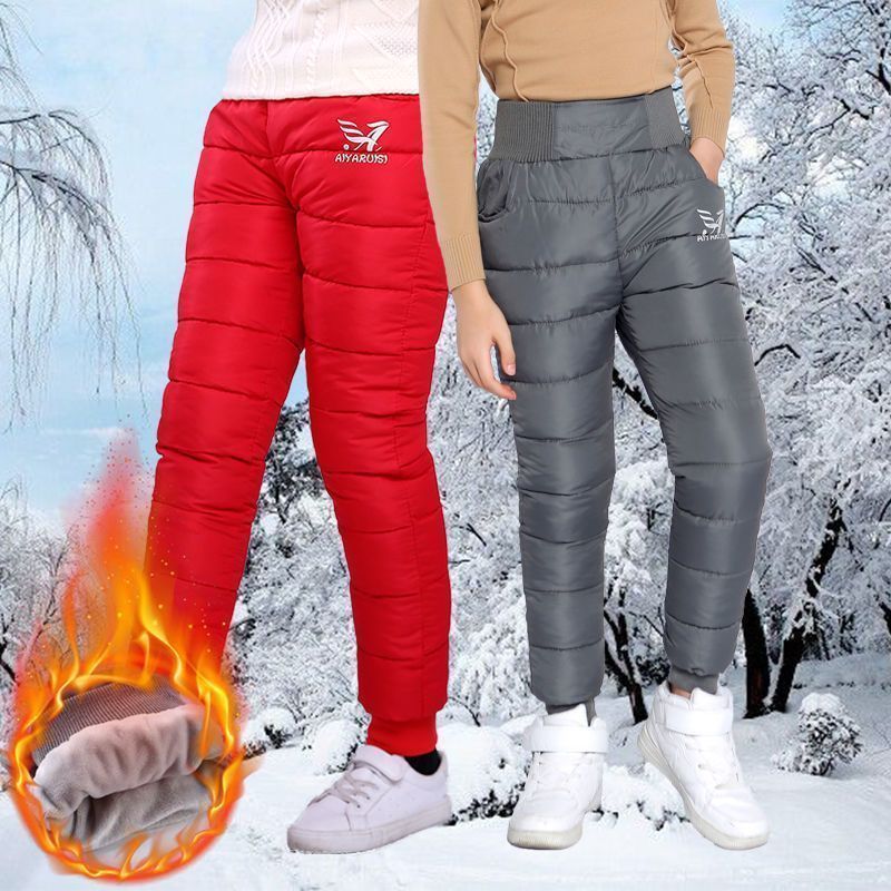 Winter velvet thickened outer pants for boys and girls, medium and large children's high-waisted warm pants, new children's down cotton pants