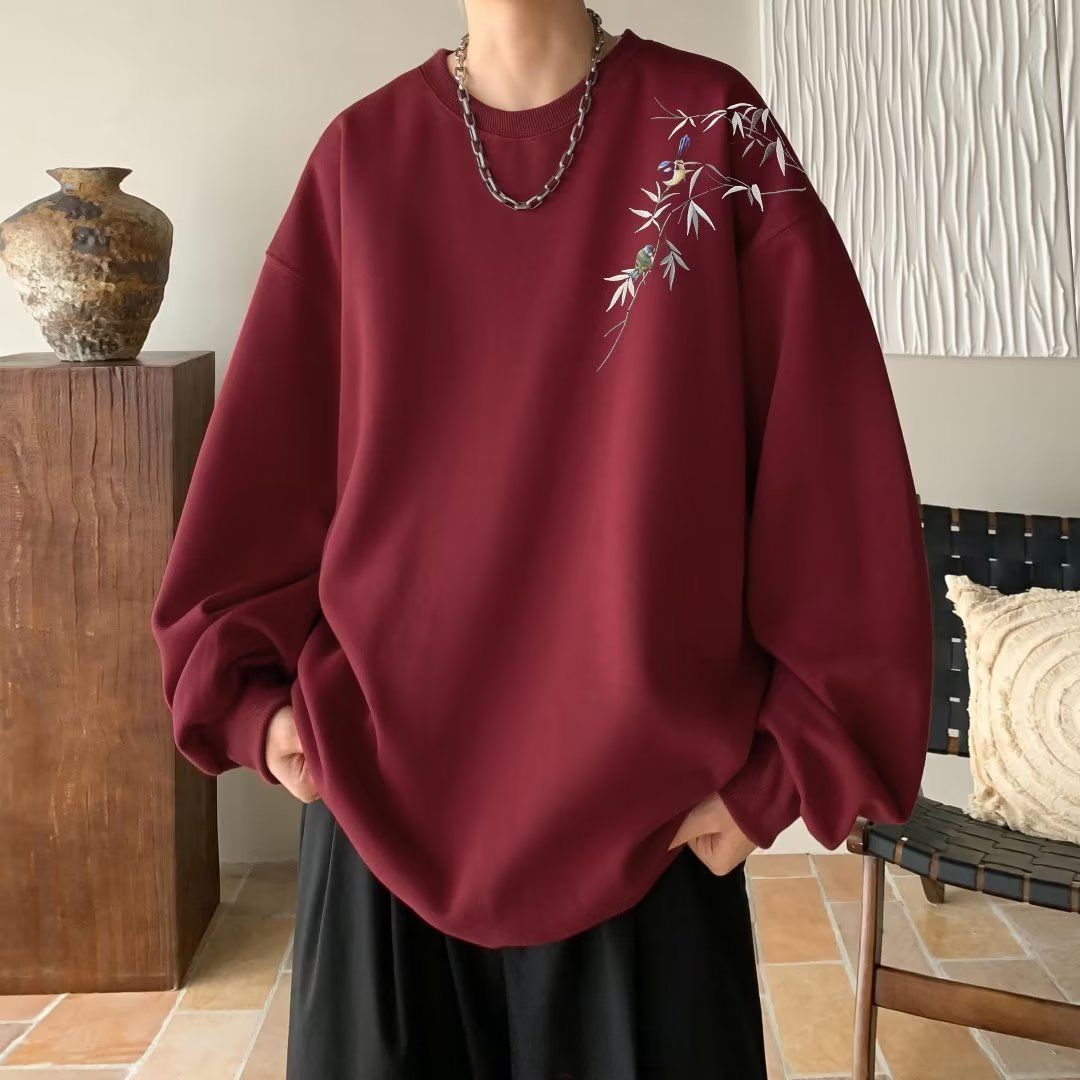 酒紅色國風加絨衛衣男秋冬新款圓領上衣潮牌美式復古重磅休閒外套