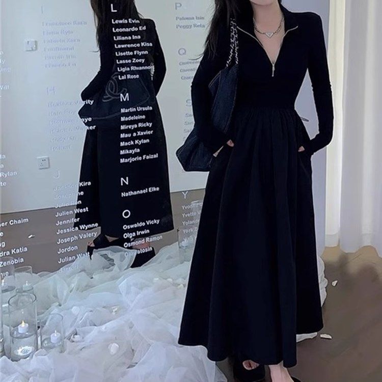 Plus size Hepburn style black slim long-sleeved dress for women spring and autumn new slim waist half-high collar long skirt