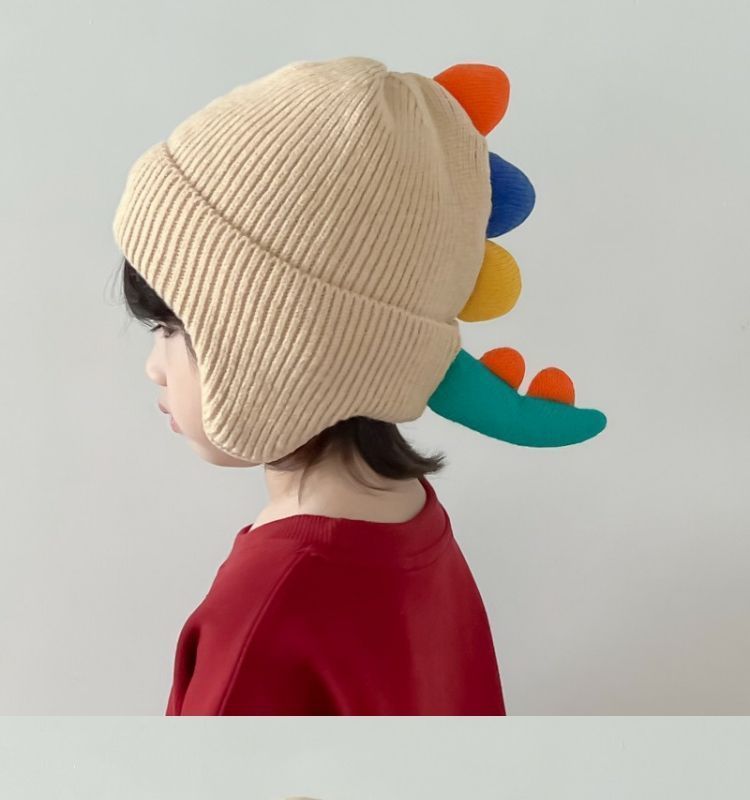 Little dinosaur cartoon windproof winter ear hat for boys and girls, autumn and winter new children's knitted thermal hat_voghion.com