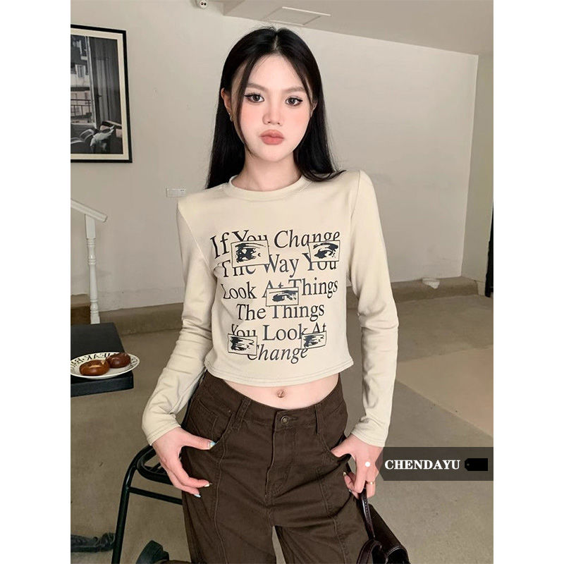 陳大鈺美式字母印花短款T恤女秋冬季設計感小眾打底衫露臍上衣潮