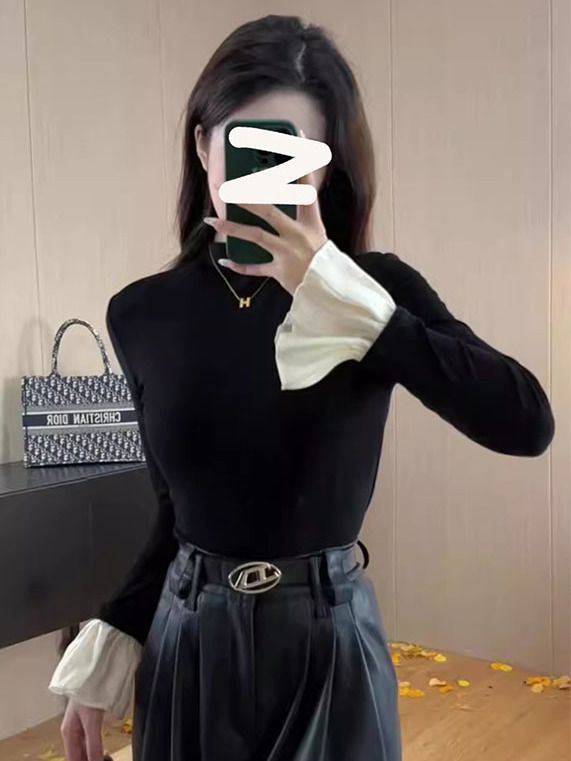 設計感小眾半高領荷葉袖T恤女秋冬氣質獨特别致絕美上衣