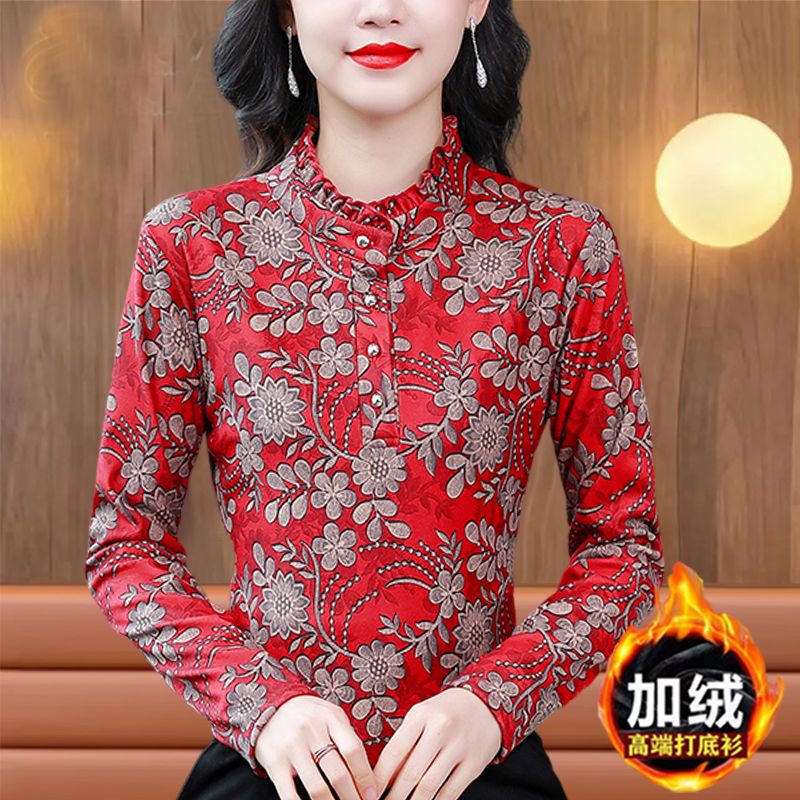 高檔品質加厚德絨保暖打底衫長袖女上衣秋冬新款印花中年媽媽小衫