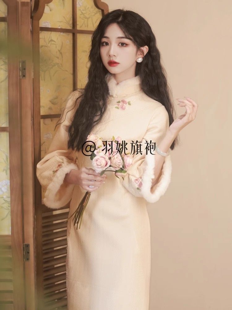 倒大袖加絨旗袍冬款女民國風繡花文藝復古氣質改良日常連衣裙保暖