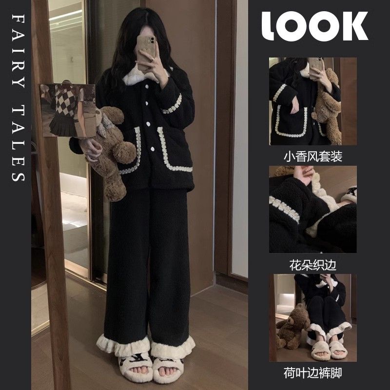 小香風珊瑚絨睡衣女冬季新款日系加絨保暖減齡家居服加厚法蘭絨