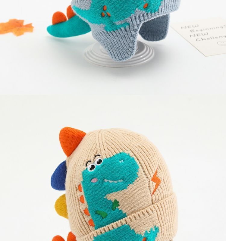 Little dinosaur cartoon windproof winter ear hat for boys and girls, autumn and winter new children's knitted thermal hat_voghion.com