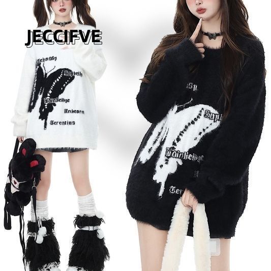 JECCIFIVE小眾設計感蝴蝶提花針織衫男女寬鬆仿海馬毛圓領ins上衣