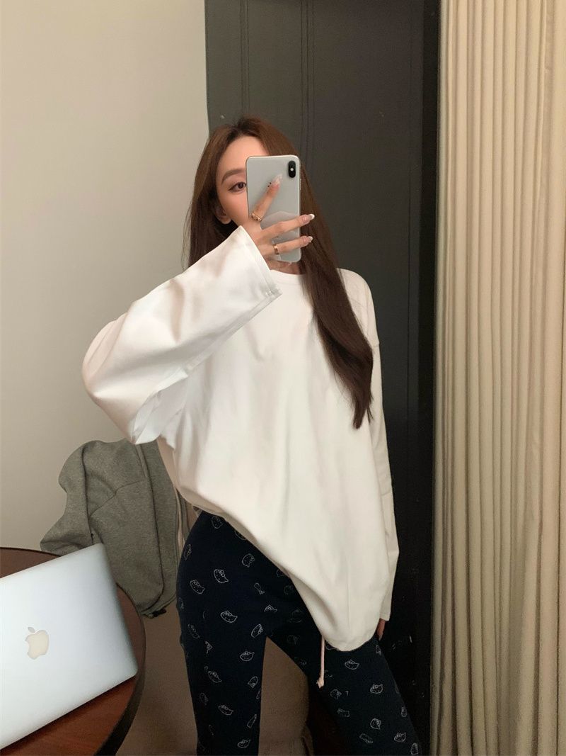 白色t恤女長袖打底衫內搭韓版新款秋冬洋氣時尚百搭德絨磨毛上衣