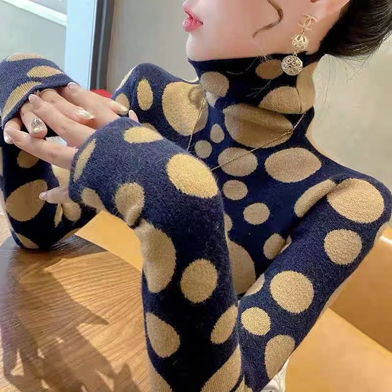 德絨高領打底衫女秋冬新款洋氣印花套頭修身顯瘦保暖T恤內搭上衣